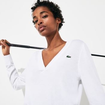 Lacoste SPORT V-neck Sweater - Svetr Dámské Bílé | CZ-R5PYgE